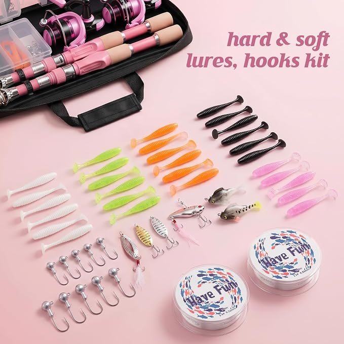 Telescopic Fishing Rod Reel Combo Pink Fishing Gear for Girls Women Men | 6.89FT Portable Collapsible Spinning Pole with Smooth Reel Lures Tackle Box Kit Travel Bag Saltwater Freshwater Angling Gift
