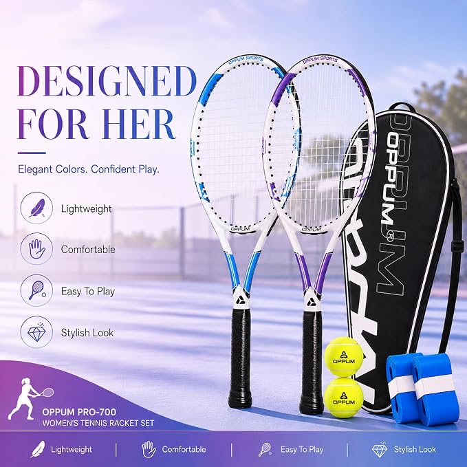 2-Pack Adult Tennis Rackets, 105 Sq Inch Oversized Head Pre-Strung for Beginners and Intermediate, Arm Friendly Vibration Control Set with Bag and Balls