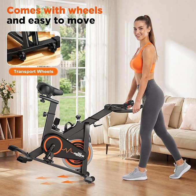 RELIFE REBUILD YOUR LIFE Exercise Bike Stationary for Home Indoor,Cycling Bike with Silent Belt Drive for Home Cardio,Brake Pad Resistance with djustable & Comfort Seat/PAD Holder/LCD Monitor.