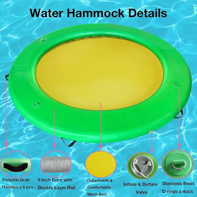 Water Hammock Inflatable Dock, 3.8ft/6ft/8ft Floating Raft Circular Water Island, Float Rings Air Mesh Platform for Lake/River/Swim Pool