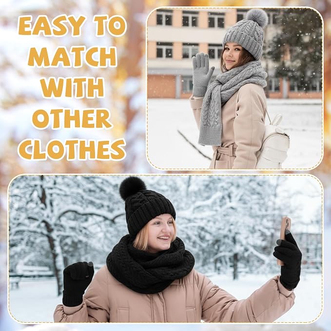 16 Pcs Women Hat Scarf Gloves Ear Muffs Set Winter Knitted Pom Beanie Hats Scarf Touch Screen Gloves for Men Adult Homeless