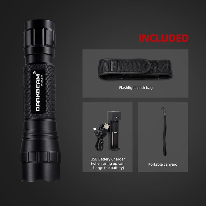 DARKBEAM Red Light Flashlight Tactical LED Rechargeable, Zoomable Portable Handheld Red-Light for Fishing Hunting Detector Astrophotography