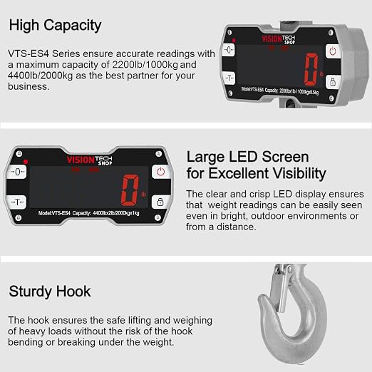 VisionTechShop Digital Crane Scale, VTS-ES4 2200lb/1000kg Heavy Duty Compact Hanging Industrial Scale with Remote Control, Large LED Display, Smart Accuracy for Farm, Factory, Construction