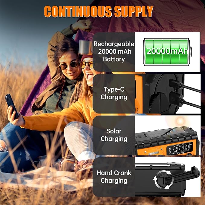 20000mah Hand Crank Emergency Radio,SW/NOAA/AM/FM Weather Radio, Solar Powered Hand Crank Chager with Bige Batery Powered,Portable,Cellphone Charge,SOS,Flashlight for Emergency/Home (Orange)