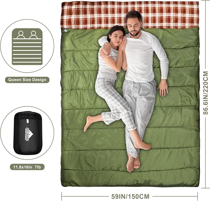 Cotton Flannel Double Sleeping Bag for Camping, Backpacking Or Hiking. Queen Size 2 Person Waterproof Sleeping Bag for Adults Or Teens. Lightweight with Compression Sack