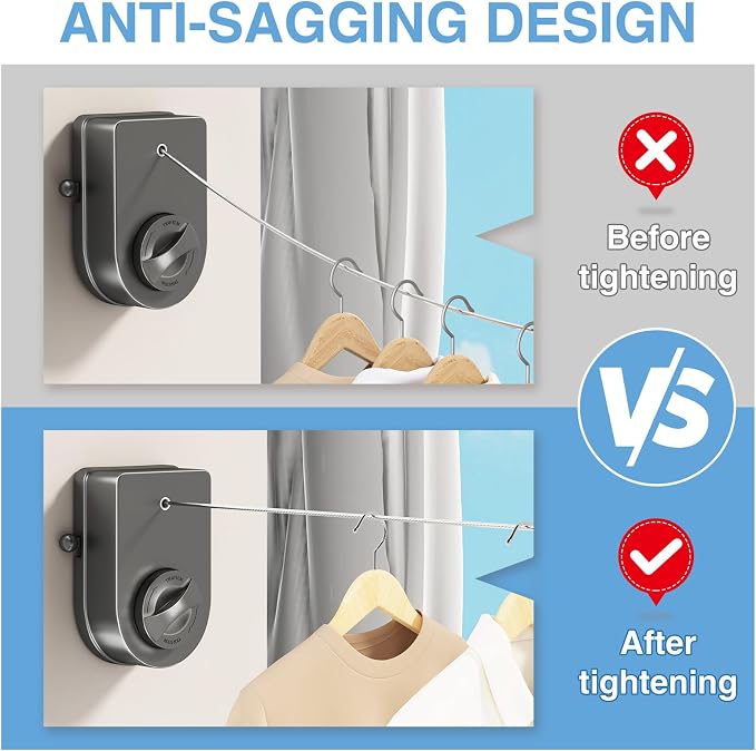 Danpoo Heavy Duty Retractable Clothesline - 13.8ft Adjustable Tension Stainless Steel Laundry Drying Line, Wall Mounted Clothes String with 2-in-1 Hook Base (Space Gray)