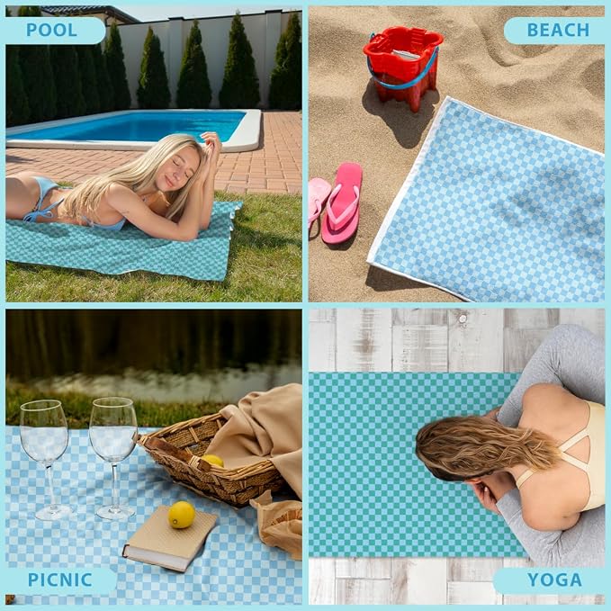 2 Pcs Microfiber Beach Towel Sand Free Quick Dry Oversized Lightweight Modern Checkered Geometric Design Light Blue and Blue for Pool Travel Gym Yoga 71 x 32 Inches