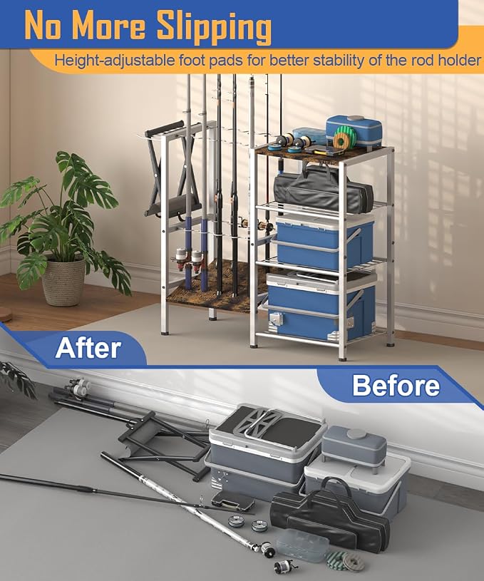 Fishing Rod Holders for Garage, Fishing Pole Holder Stand with Multifunctional Hook, 4 Tier Fishing Gear Equipment Organizers Rack, Fits Most Rods of 1.58" for Home Entryway Corner