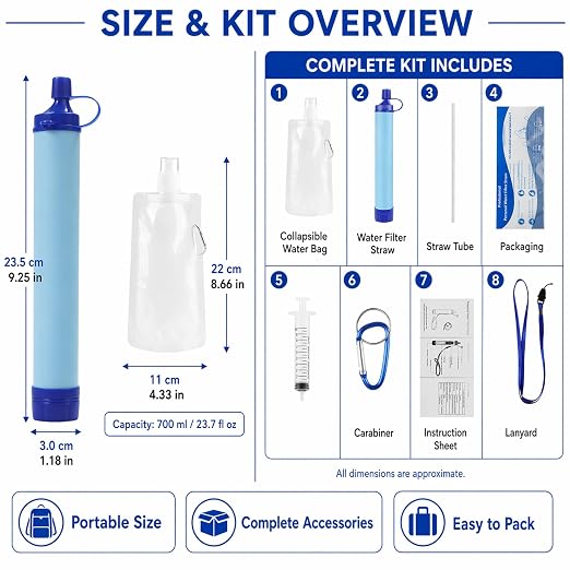 Emergency Water Filter Straw, Portable, Lightweight, for Hiking, Camping, Travel (3PCS)