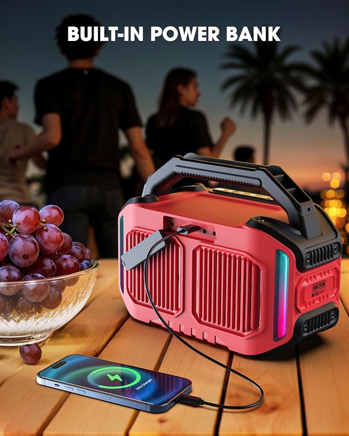 ANCOON Speakers Bluetooth Wireless: 80W(Peak) Loud Speaker with Bass, 20H Playtime, IPX6 Waterproof, Large Jobsite Speakers for Work, Outdoor, Workshop, Garage, Portable Speaker with TWS (Red)