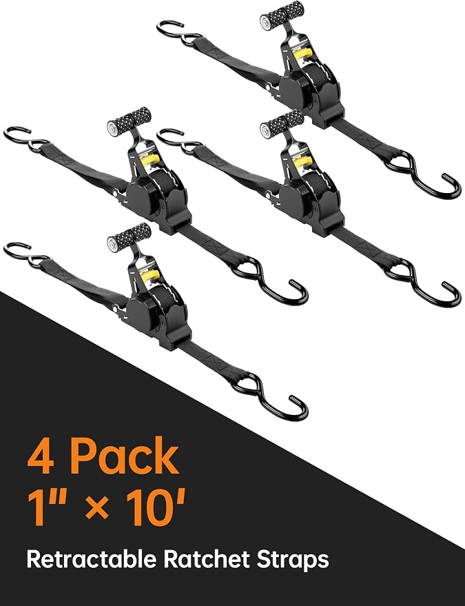 Tomorotec Retractable Ratchet Straps, 1-Inch x 10-Foot Heavy-Duty Tie Downs for Truck, Quick-Release and Telescopic Design, 500 lbs Working Load, 1200 lbs Break Strength, 4-Pack Cargo Straps