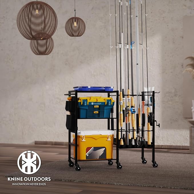 KNINE OUTDOORS Garage Fishing Pole Holders - 12 Rod Holders, 3 Layers of Storage Space for Fishing Gear and Equipment