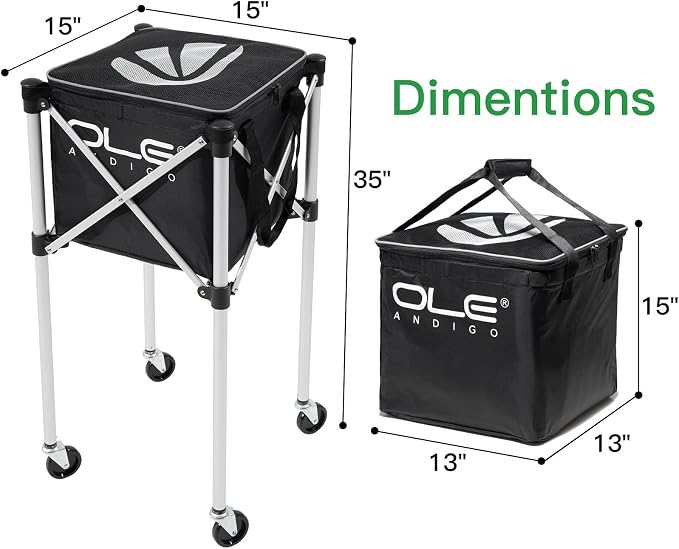 Tennis Ball Hopper Tennis Ball Basket with Side Pockets Lightweight Tennis Ball Cart Holds 160 Balls, Portable Sports Teaching Cart with Wheels for Tennis Player