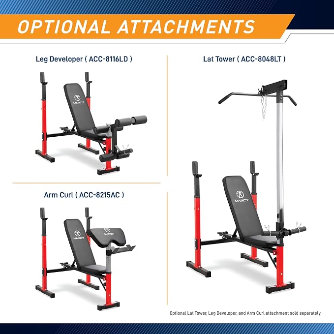 Marcy Deluxe Olympic Weight Bench with Adjustable Back & Bar Catch & Optional Arm Curl, Leg Developer, Lat Tower Attachments (Sold Separately), Personal Home Gym for Strength Training, Weightlifting