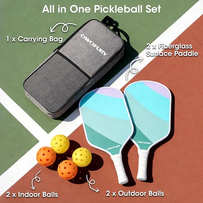 Fiberglass Pickleball Paddles Set of 2, Pickle Ball Racket Lightweight Honeycomb Core Control Paddle, with 4 Indoor Outdoor Balls and Bag for Men Women