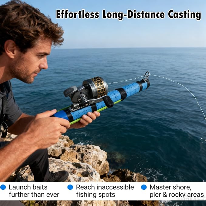 Fishing Catapult Rod Spincast Reel Portable Salt Fresh Water Gear | Upgraded Wrap Foam Grip, Anti-Slip & Freeze-Proof; Attach Sinkers to Hooks for Long Casting Distancer