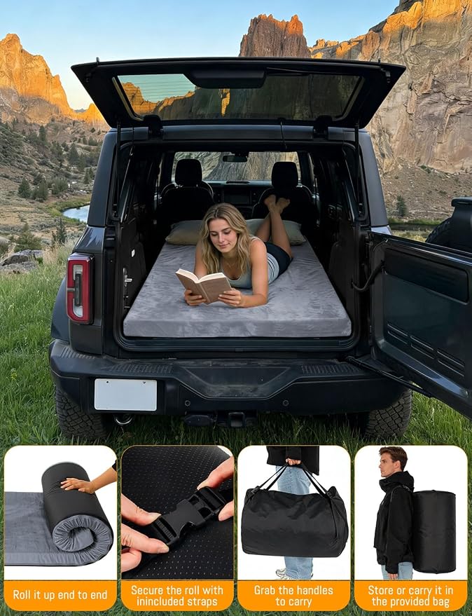 Memory Foam Camping Mattress Pad, Ventilated Breathable Design CertiPUR-US & Oeko-TEX Certified Sleeping Pad Waterproof 3inch Non-Slip Portable Sleeping Camping Mat with Storage Bag for Car Travel