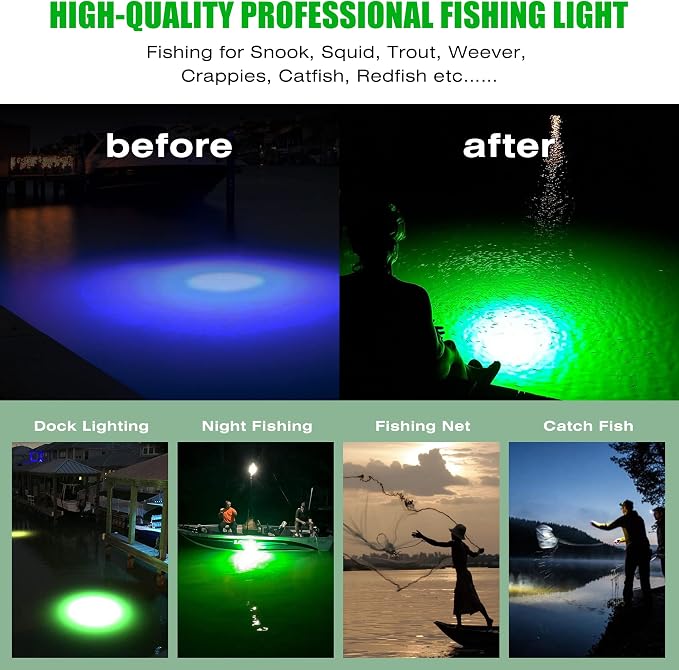 HUSUKU FS0-3 Underwater Green LED Fishing Light with Safety Transformer 110V - 100W 10,000LM / 16.4ft Cord Night Fish Finder Attractor, IP68 Submersible Lamp for Snook Crappie Squid Shrimp Fishing