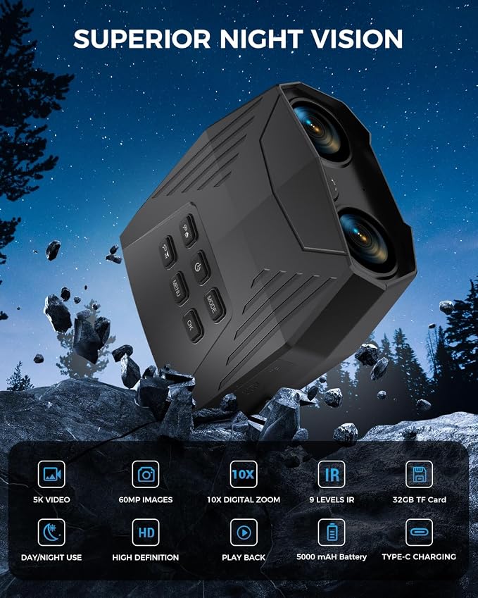 Night Vision Goggles, Night Vision Binoculars for Adults, 5000mAh Rechargeable Infrared Binoculars with 3'' Large Screen, 10X Digital Zoom External Flashlight for Camping