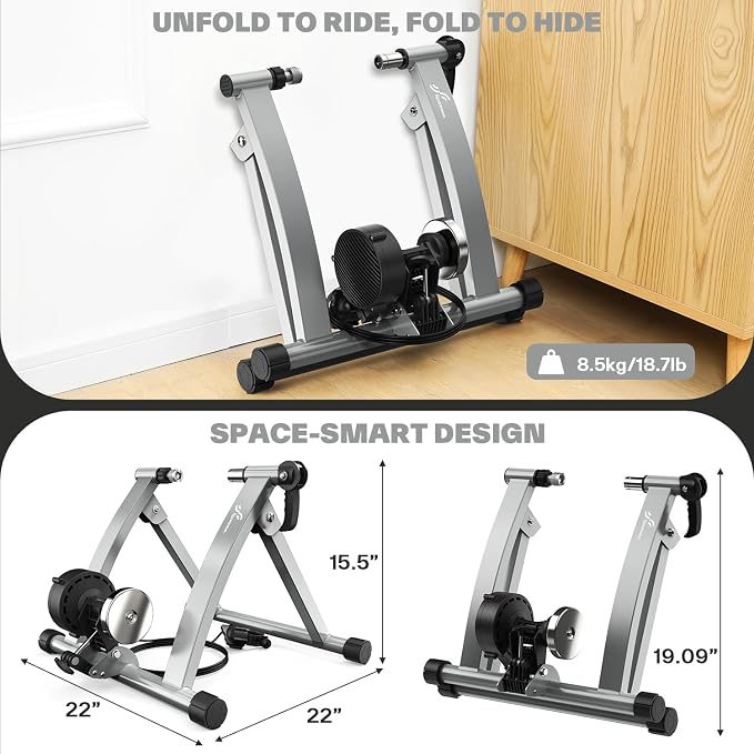 Sportneer Bike Trainer - Magnetic Stationary Bike Stand for 26-28" & 700C Wheels - Adjustable 6 Level Resistance Bike Trainer Stand for Indoor Riding with Quick Release Lever & Front Wheel Riser Block