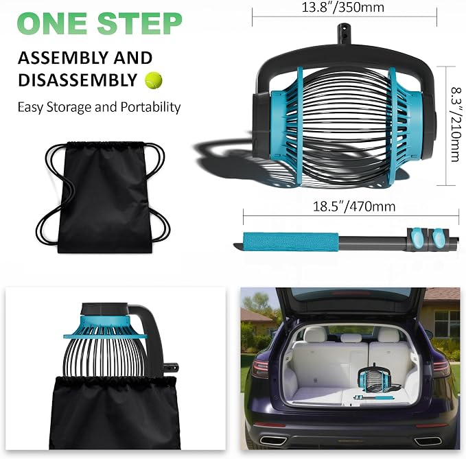 Tennis Ball Collector Roller with Adjustable Handle, No-Bend Quick Rolling Picker for Tennis Court, Quick-Tip Ball Release for Fast Emptying, Large Hopper Holds 20+ Tennis Balls Save Time & Your Back