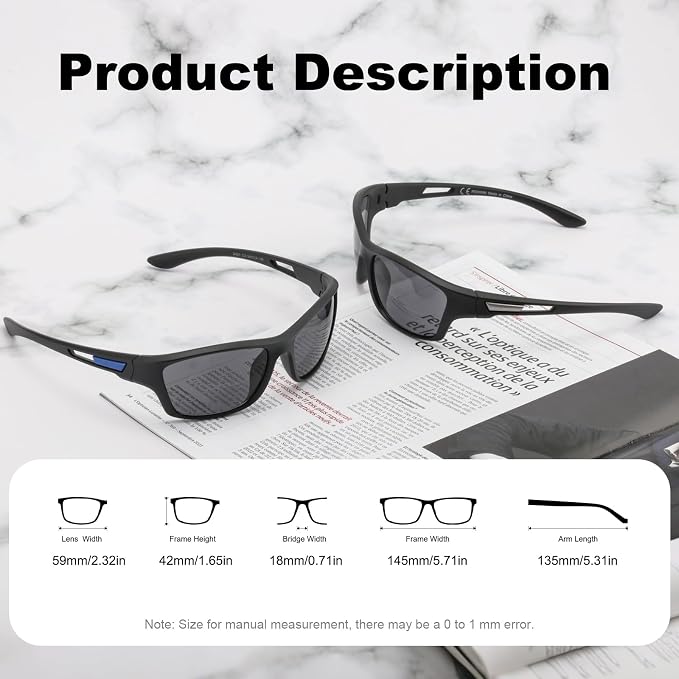 Missfive Premium Bifocal Reading Sunglasses Men Lightweight Wrap Around Design Sun Readers, UV Protection, Sports/Outdoor/Driving,2.25x
