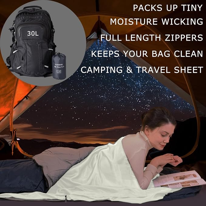 100% Silk Sleep Sack with Zippers on 3 Sides, 87”x43” Large Sleeping Liners for Hotels, Travel & Camping, Multifunctional Travel Sheets (Unzipped:87”x87”) for Adults, Lightweight, All Seasons
