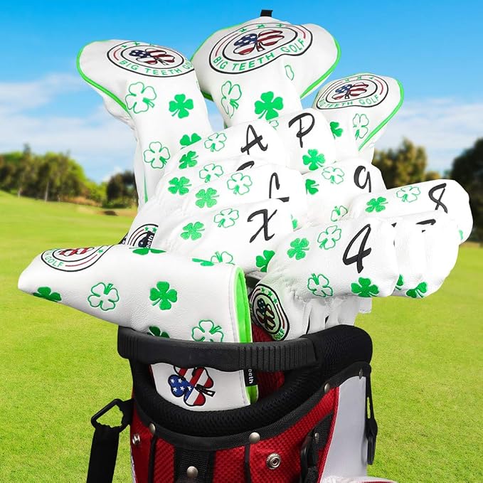 Big Teeth Golf Cover Lucky Clover Headcover Covers, Driver Fairway Wood Hybrid Headcovers Fits Blade Mallet Putter Iron and Woods with Magnetic White Shamrock Head Club Protector Leather