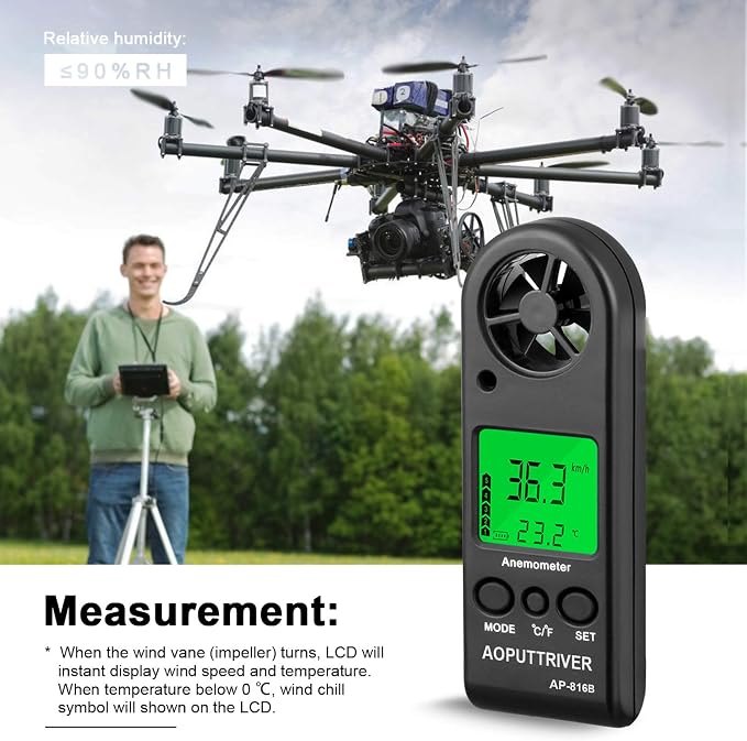 Anemometer Handheld Wind Speed Meter for Measuring Wind Speed Temperature and Max/Average/Current, High Precision Anemometer Measuring for Windsurfing Sailing Fishing Outdoor Activities