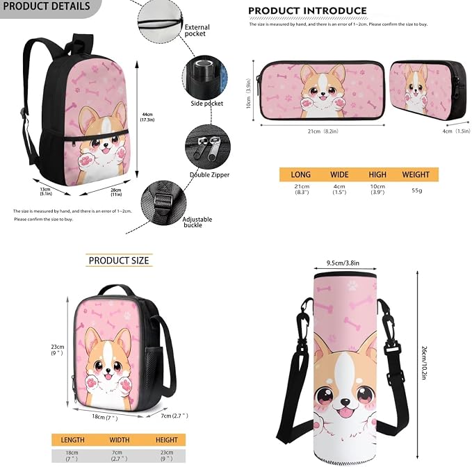 Kids School Bag Cute Corgi Dog Backpack for Girls Bookbag with Lunch Bag Pencil Case Water Bottle Holder 4PCS School Supplies Back to School Accessories