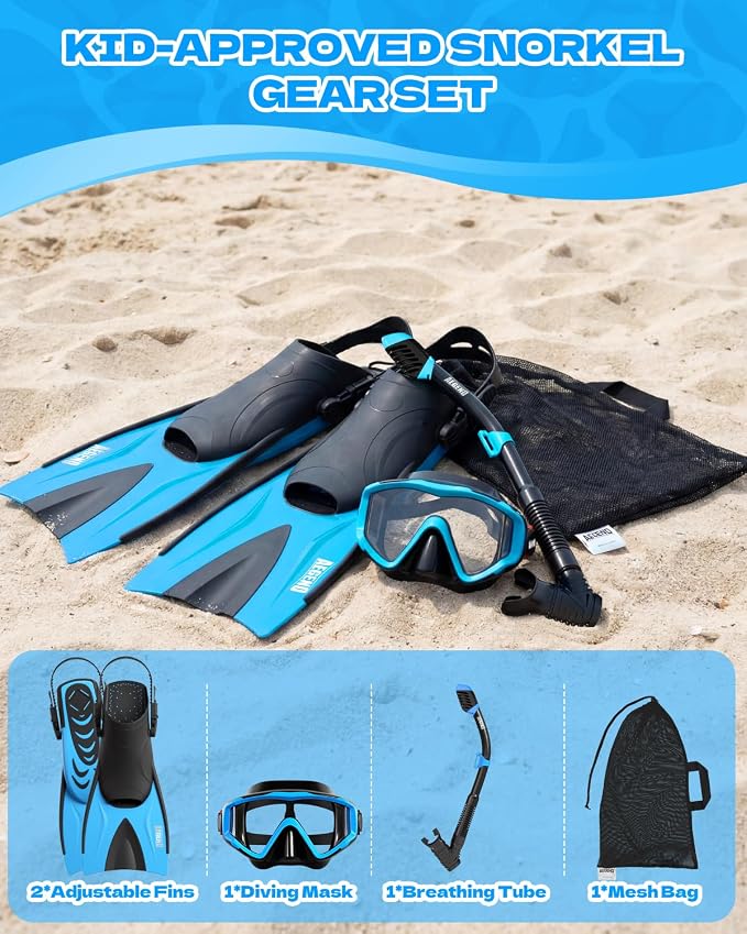 Aegend Snorkeling Gear for Kids Youth – 4-in-1 Snorkel Set with Anti-Fog Mask, Dry Snorkel & Adjustable Fins for Swimming, Diving, Snorkeling, Beach Vacation – Includes Travel Mesh Bag