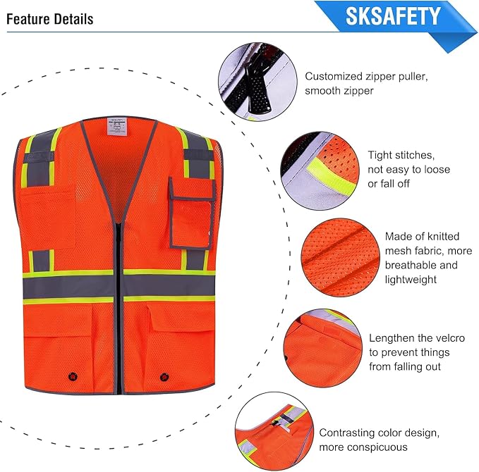 SKSAFETY 10/12 Pockets Safety Vest - Class 2 High Visibility Security with Zipper Double-sided mesh, Hi Vis Vest with Reflective Strips, ANSI/ISEA Standard, Construction Work Vest (Orange)