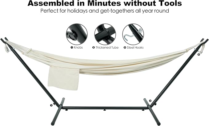 GAFETE Double Hammock with Stand for Outside, Upgraded Spreader Bar, Heavy Duty Space Saving Steel Stand 2 Person, Convenient Pocket, Easy Assembly, 600lbs Weight Capacity, Indoor & Outdoor (Natural
