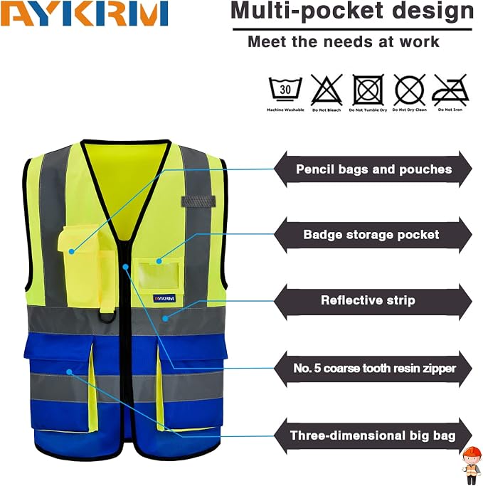 6XL 7XL 8XL High Visibility Yellow Blue REFLECTIVE Safety Vest with zipper Reflective Strips 7 Pockets