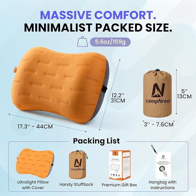 Inflatable Camping Pillow - Ultralight Compact Air Pillow for Travel, Backpacking & Hiking - Ergonomic Neck & Lumbar Support - Portable Inflatable Pillow with Removable Washable Cover - (Orange)