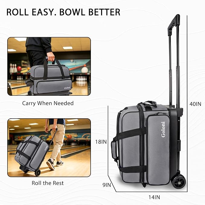 Goloni Double Roller 2 Ball Bowling Bag with Separate Shoe Compartment,2 Ball Bowling Bag with Wheels,Retractable Handle Extends to 40"