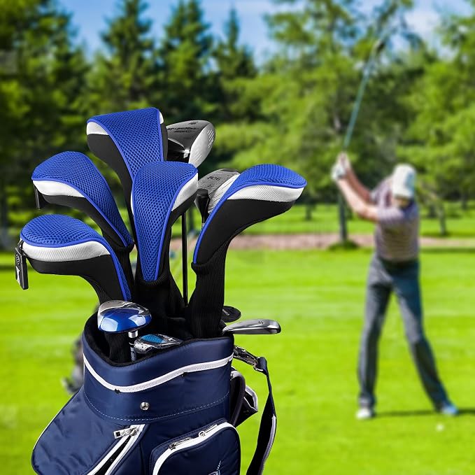 Andux 3pcs/Set Golf 460cc Driver Wood Club Head Covers Long Neck | for Driver Fairway Wood with Interchangeable No. Tags Mesh Breathable material Coloured Piping Pull-On Closure