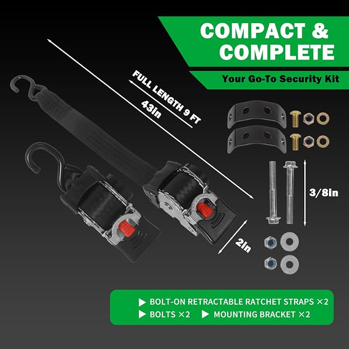 MOTO4U 2" x 9' Stainless Steel Retractable Ratchet Straps,Bolt on Retractable Ratchet Straps,Heavy Duty Transom Tie Downs with Extension & Bolt Set for Motorcycle, Trailers, Boats, ATVs, UTVs