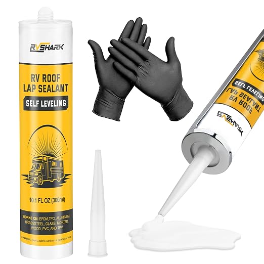 RV Roof Sealant, 30 Seconds Self Leveling Lap Sealant โ White, Fast Curing Waterproof Flexible Caulk RV Sealant with Gloves for Camper Trailer Roofs Maintenance Repair