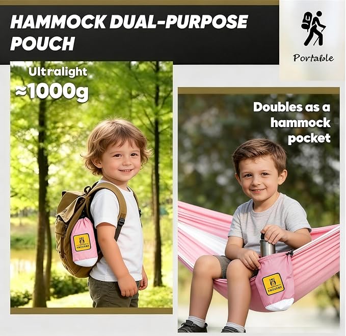 Kids Camping Hammock with Mosquito Net, 450 lbs Portable Hammock with Tree Straps, 2-in-1 Double/Single Travel Hammocks for Children, Hammock for Outside/Indoor/Backpacking/Beach - Pink & White