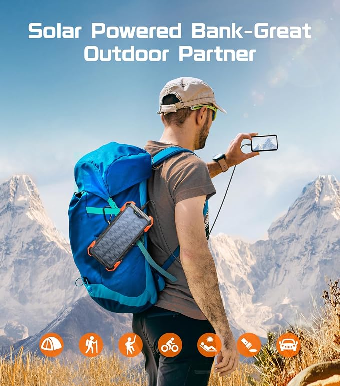 GOODaaa Solar Power Bank 24000mAh, Portable Charger with 4 Built-in Cables, 15W Fast Charging 5 Outputs 2 Inputs Battery Pack, Thermometer & SOS Flashlight for iPhone 17/16, Samsung, All Cell Phones