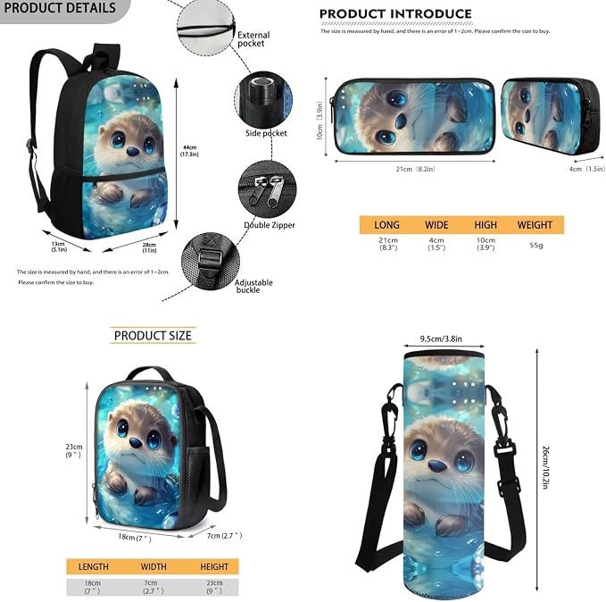 Otter Backpack for Girls Kids School Bag with Lunch Bag Pencil Case and Water Bottle Holder Set of 4 Boys Daypack Travel Bag Satchel Bagpack Back to School Accessories