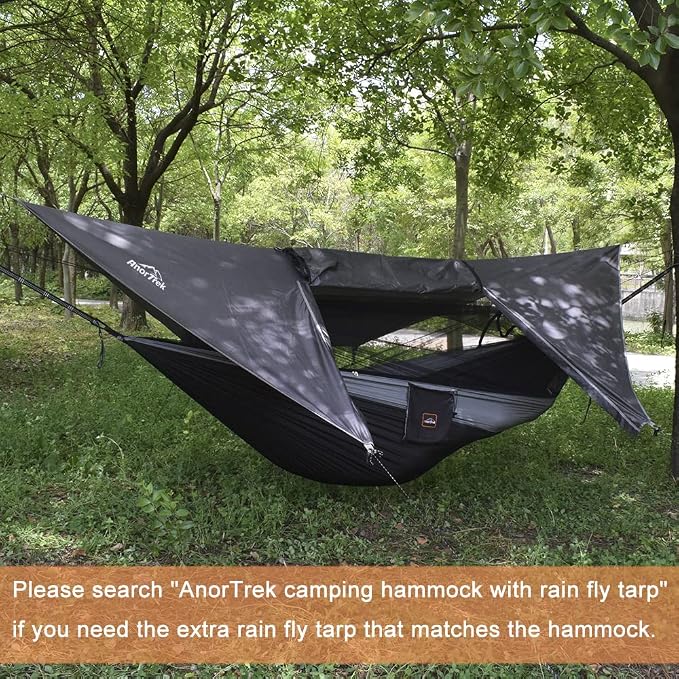 AnorTrek Camping Hammock with Mosquito Net, Double & Single Lightweight Portable Hammocks with Tree Straps, Parachute Hammock for Camping, Backpacking