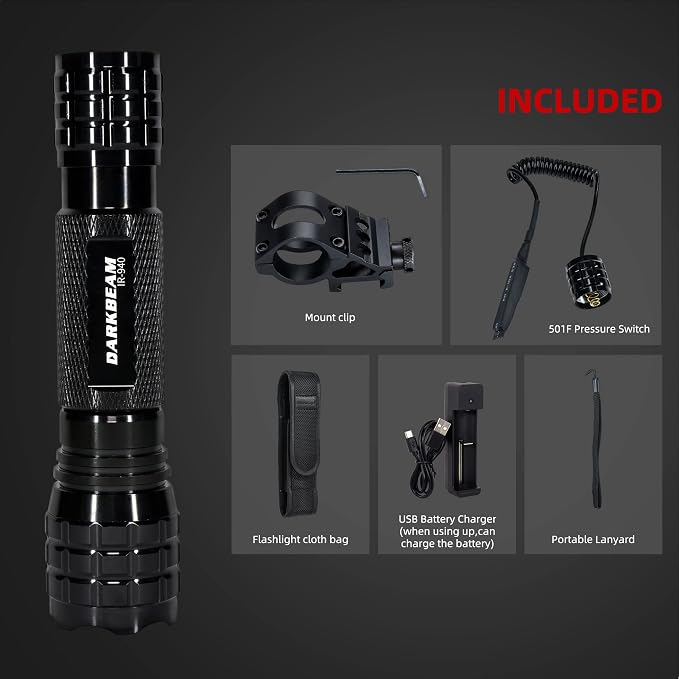 DARKBEAM ir Flashlight Infrared 940nm Lights LED Mini for Night Vision, Rechargeable Portable Tactical ir Illuminator Torch, Focus Adjustable for Hunting, Observation, Search, with Clip