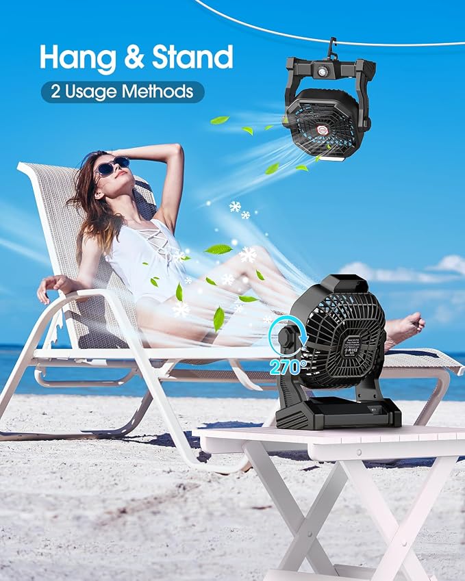 Solar Powered Fan,【Max 60H Runtime】Rechargeable Solar Camping Fans & Led Lantern,8-inch Portable Fan with Solar Panel,Battery Operated Powered Outdoor Tent Fans for Camping Essentials Accessories