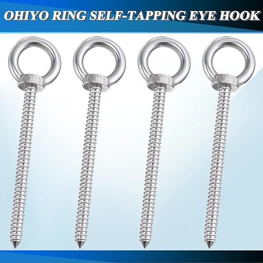 OHIYO 6.3 Inch Heavy Duty Eye Hooks M10 Self Tapping Eyelet Screw Load Capacity 850LBS Heavy Duty Screw in Eye Hooks for Hammock Stand, Swing Chair, Yoga, Heavy Indoor & Outdoor Uses (4Pack- M10)
