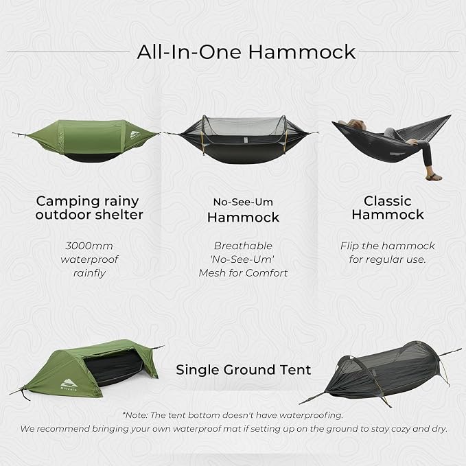 Camping Hammock Tent with Mosquito Net & RainFly, 3 in 1 Waterproof Portable Sleeping Hammock Bug Backpacker Lightweight Outdoor Gear Swing for Hiking Travel Patio Expedition(Dark Green)