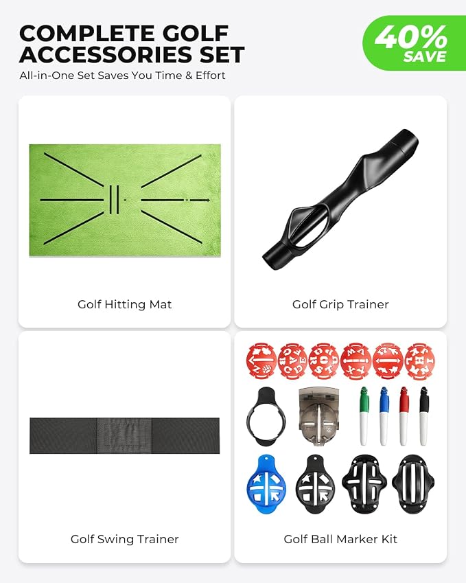 Complete Golf Accessories Set - Golf Grip Trainer, Golf Swing Trainer Arm Band, Golf Hitting Mat and Golf Ball Marker Kit, Golf Training Aid for Improving Swing Technique for Home & Outdoor Practice