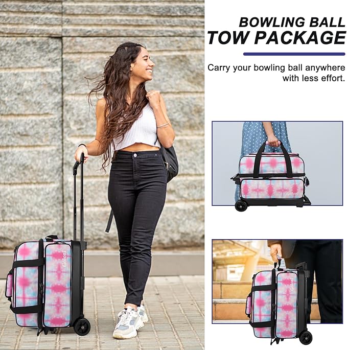 Goloni Double Roller 2 Ball Bowling Bag with Separate Shoe Compartment,2 Ball Bowling Bag with Wheels,Retractable Handle Extends to 40"