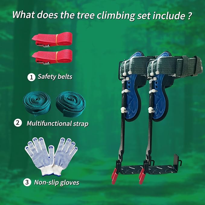 Tree Climbing Spikes Set–Stainless Steel Spurs with Safety Harness Belt, Non-Slip Foot Pedals for Fruit Picking